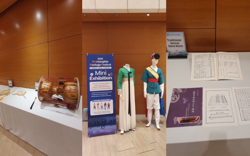 Booth showcasing traditional Korean instruments, hanbok, and music sheets (by Koreaculture.gr)